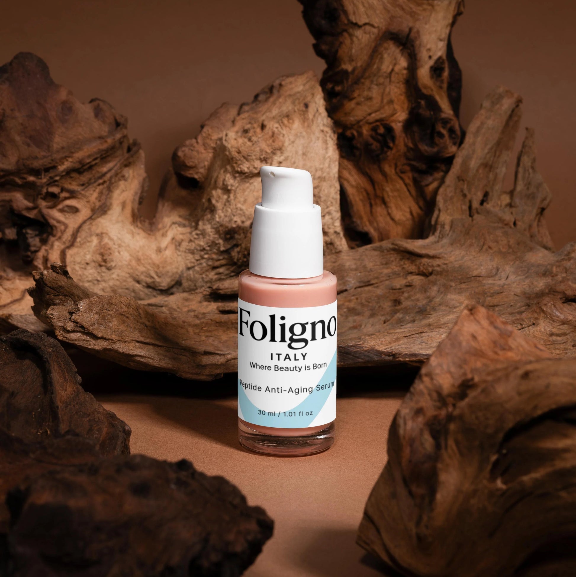 Foligno Italy skincare bottle on a brown background with wooden textures