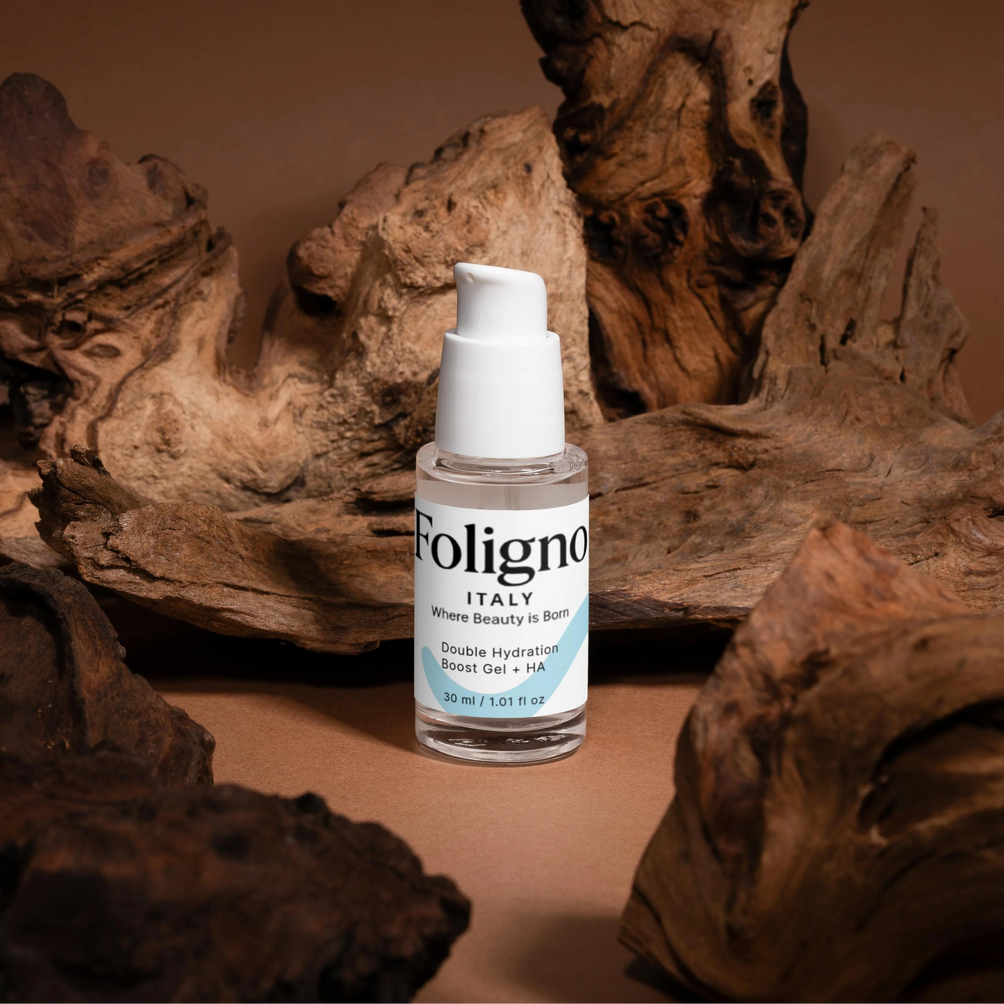 Foligno bottle on a brown background with wooden textures