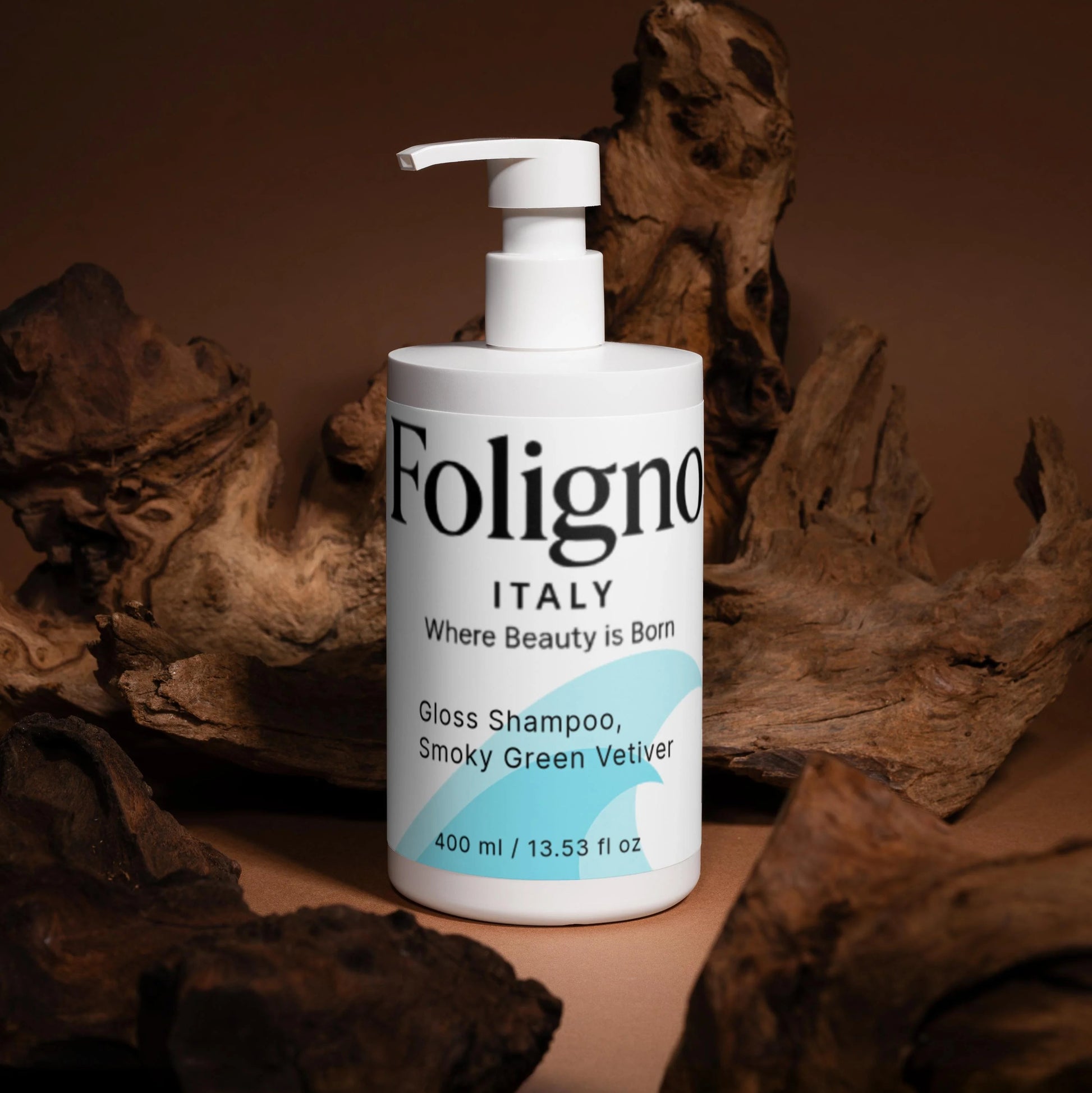 Foligno Italy shampoo bottle with pump on a brown background