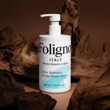 Foligno Italy shampoo bottle with pump on a brown background