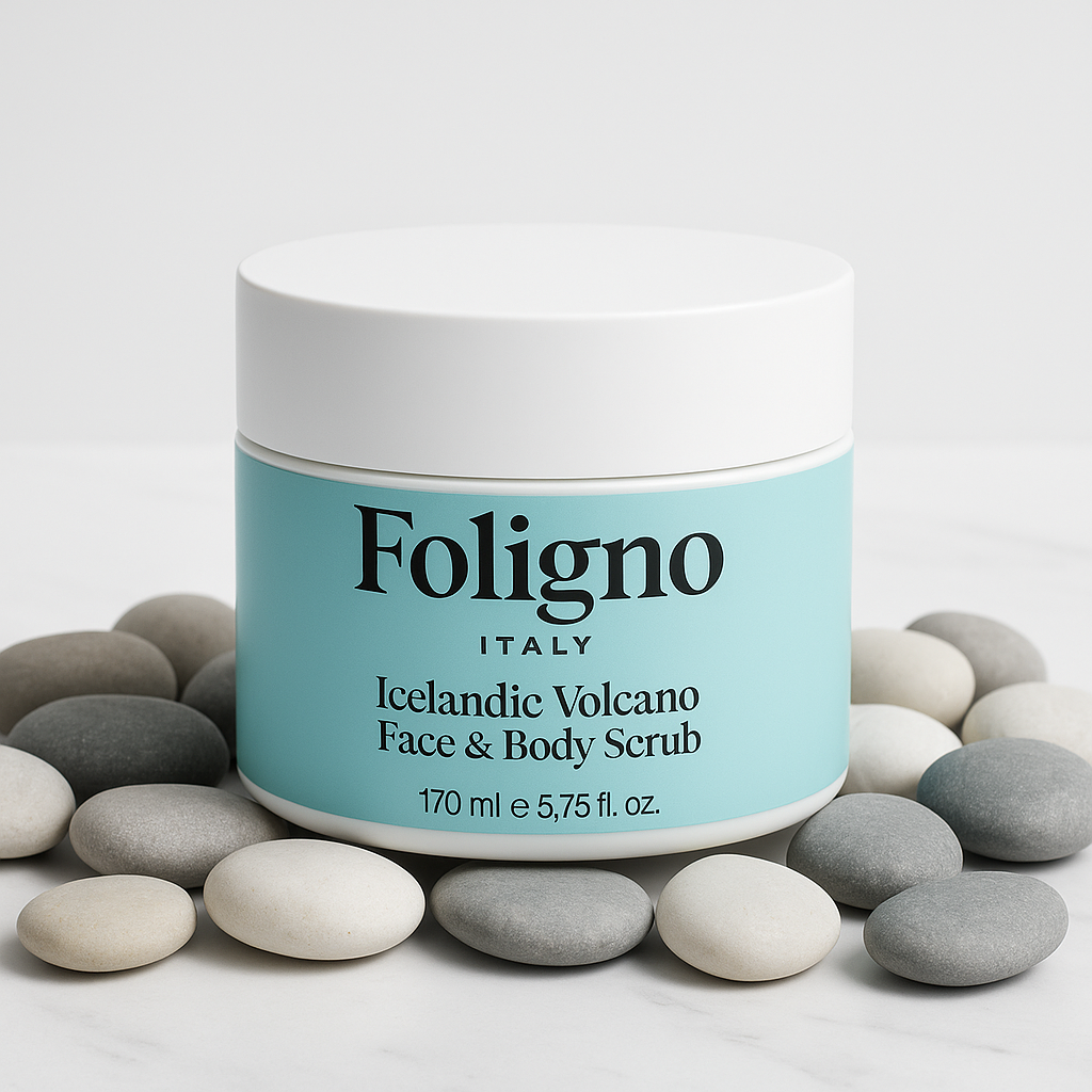 Foligno Iceland Face & Body Scrub jar with pebbles on a light background