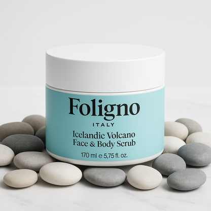 Foligno Iceland Face & Body Scrub jar with pebbles on a light background