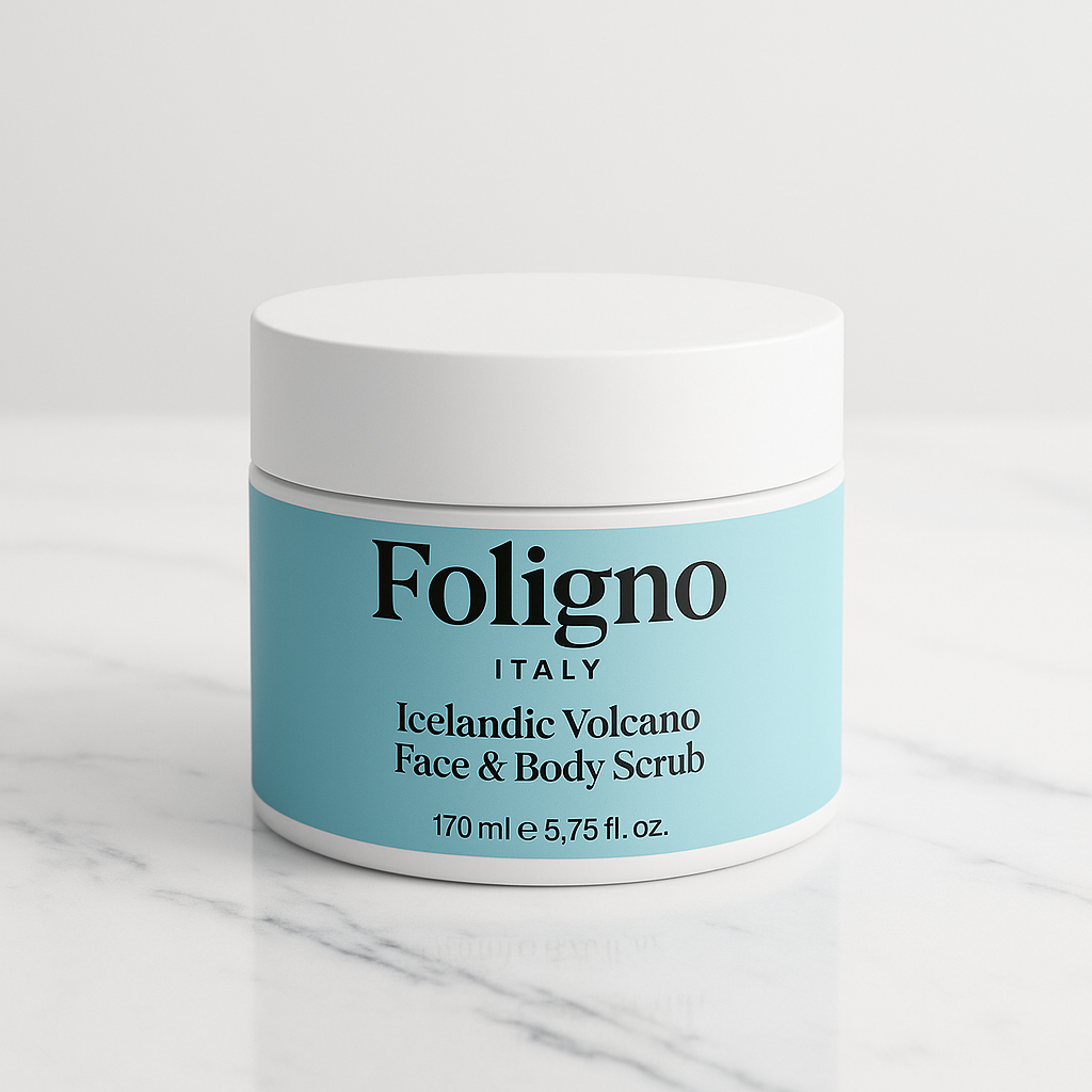 Foligno Icelandic Volcano Face & Body Scrub jar on a white background
