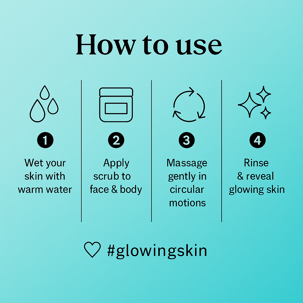 Instructions for using a skincare product with icons and text on a light blue background.