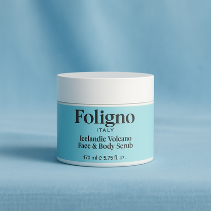 Foligno Icelandic Volcano Face & Body Scrub jar on a blue background