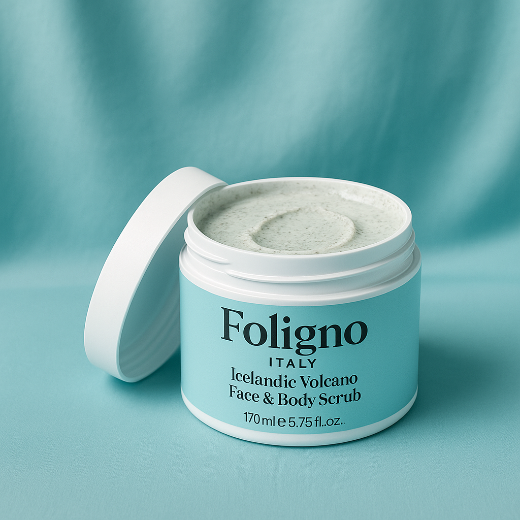 Foligno Iceland Volcano Face & Body Scrub jar on a teal background