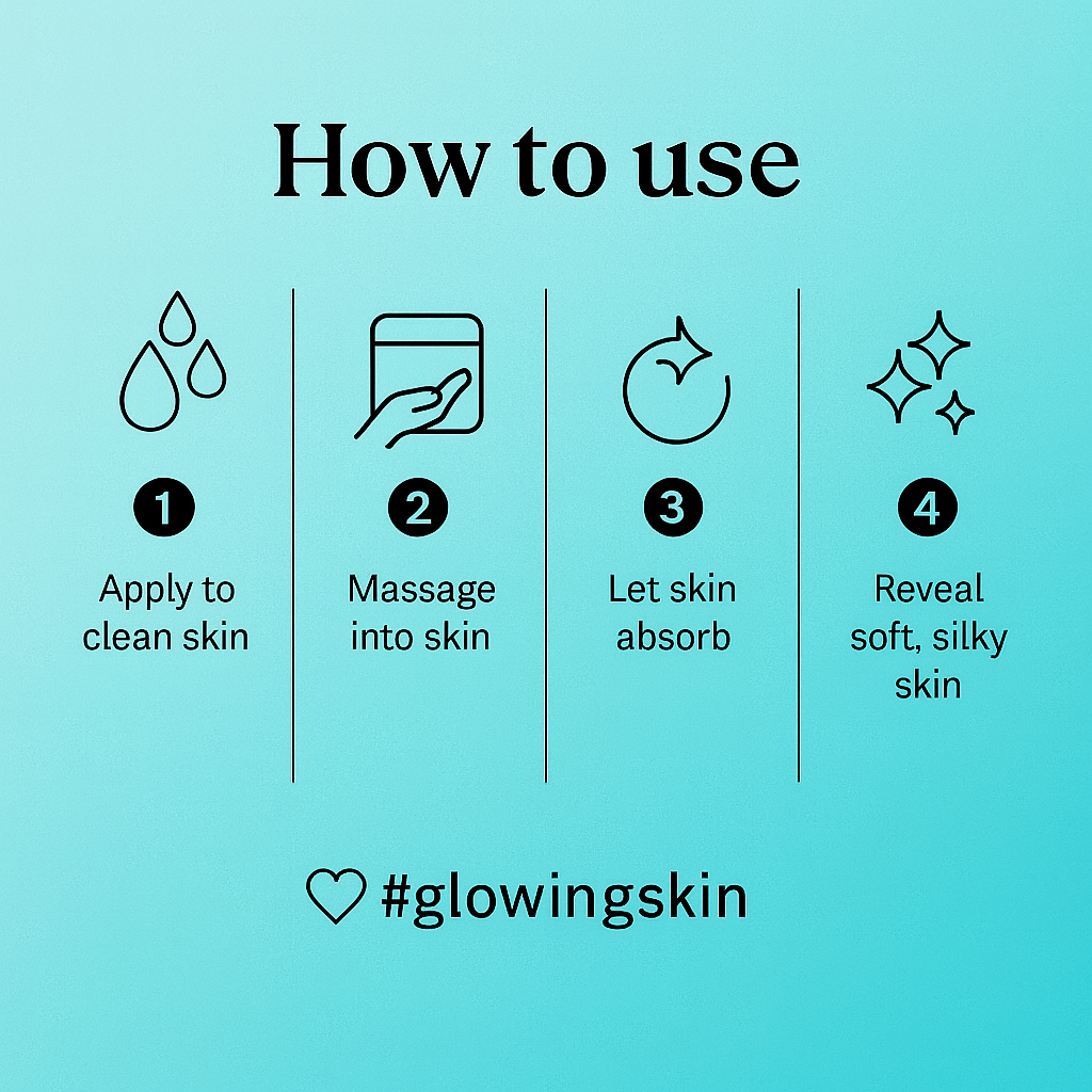 Instructions on how to use a skincare product with icons and text on a light blue background.