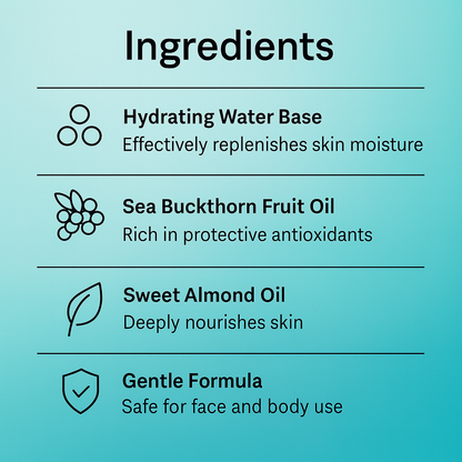 List of ingredients with icons and descriptions on a teal background