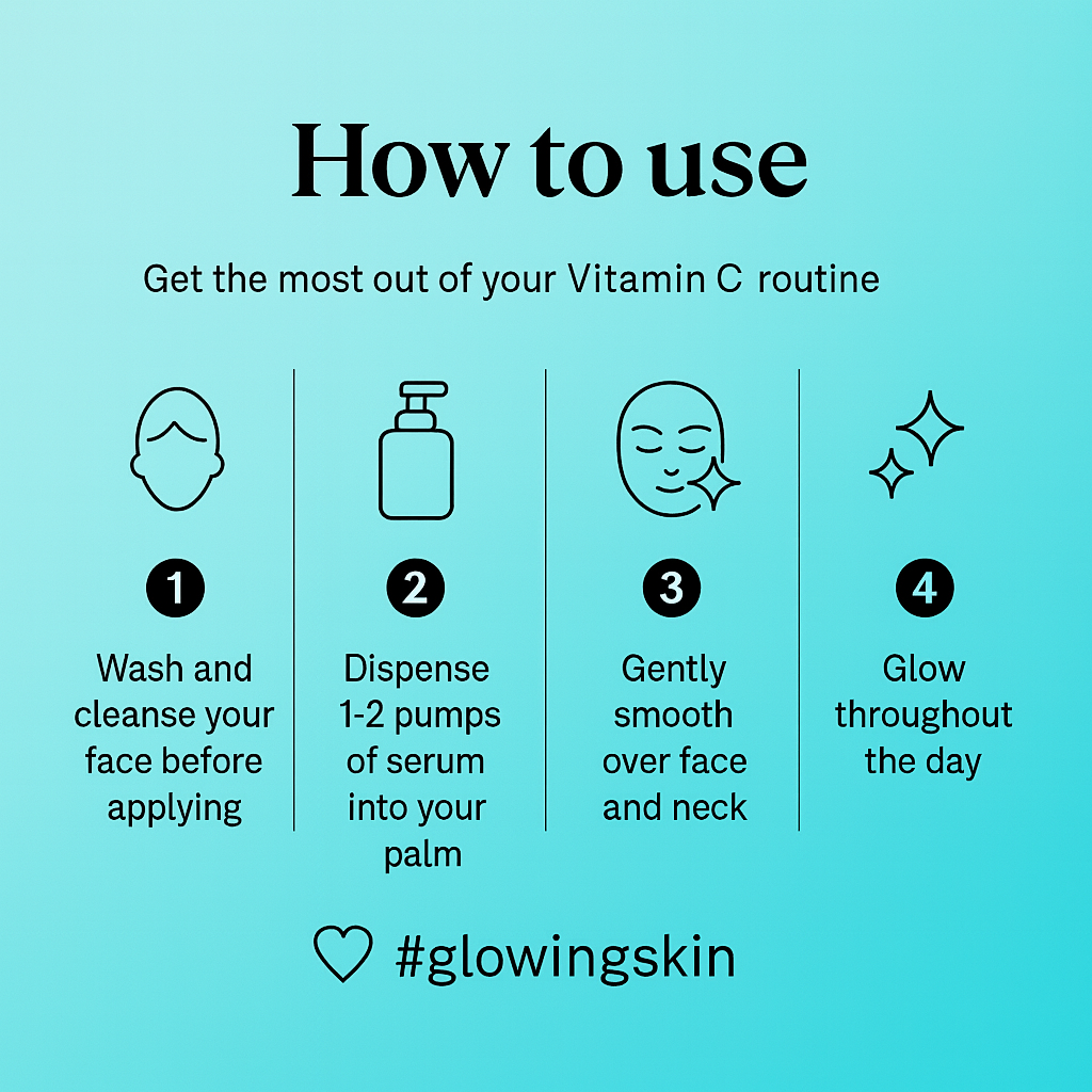 Step-by-step guide on how to use a vitamin C skincare routine with icons and text on a light blue background.