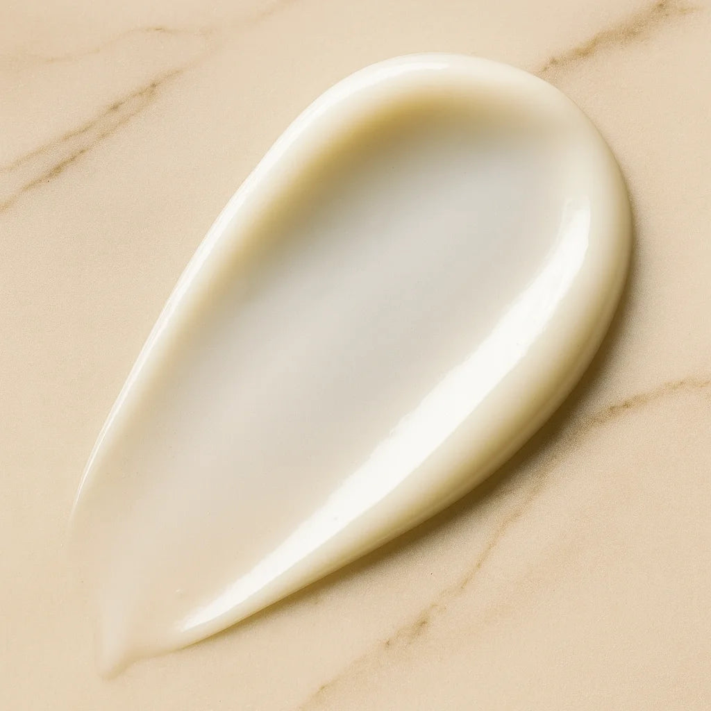 Close-up of a beige cream swatch on a marble background