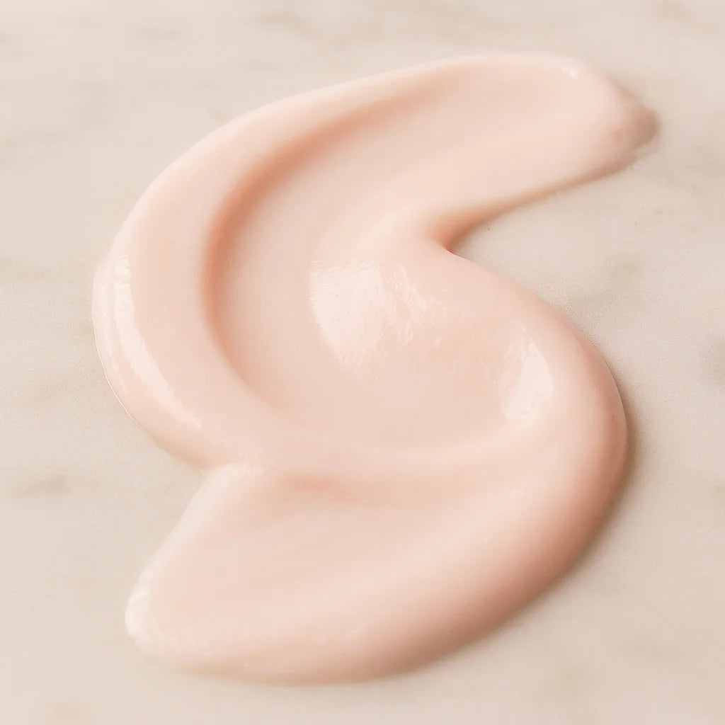 Pink cream swatch on a beige background