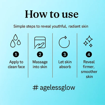 Instructions for using a skincare product with icons and text on a light blue background.