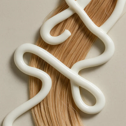 Blonde hair extensions with white adhesive on a beige background