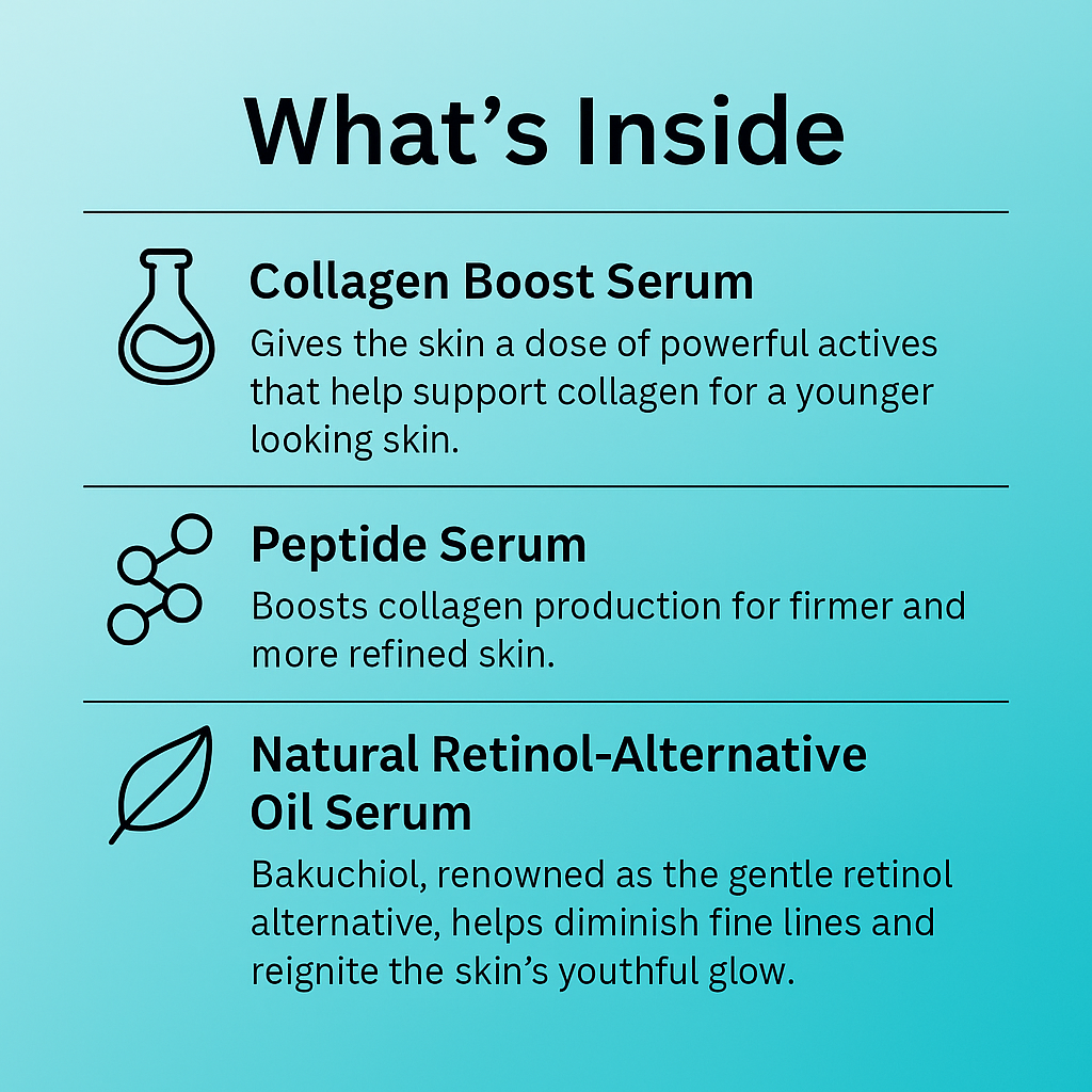 List of skin care serums with descriptions on a blue background