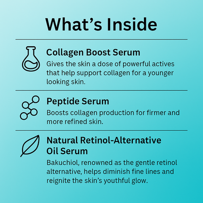 List of skin care serums with descriptions on a blue background
