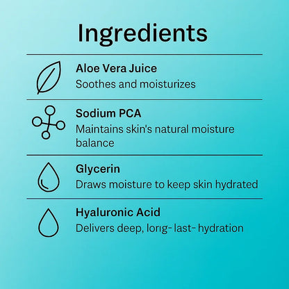 List of skincare ingredients with icons on a blue background