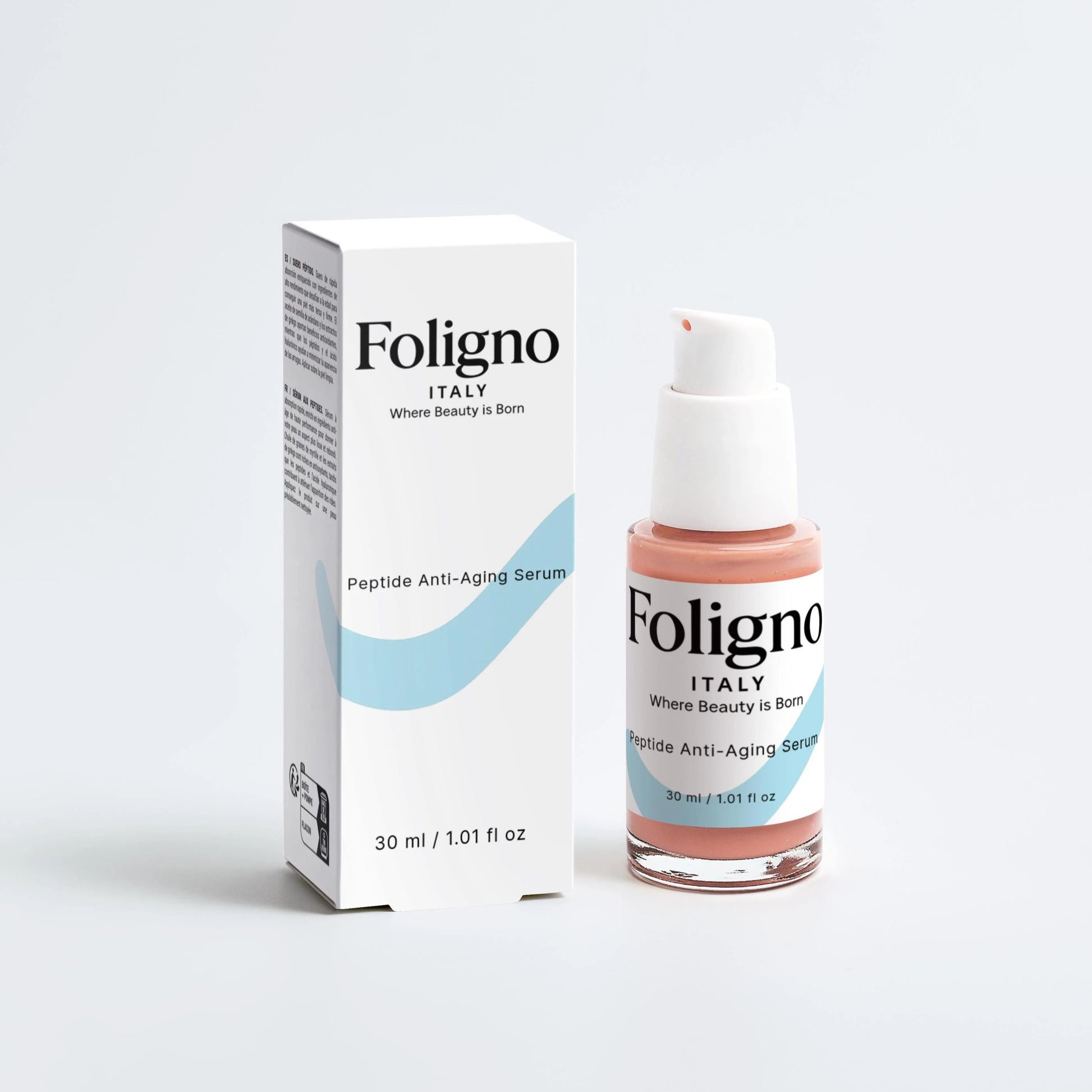 Foligno anti-aging serum bottle and packaging on a white background