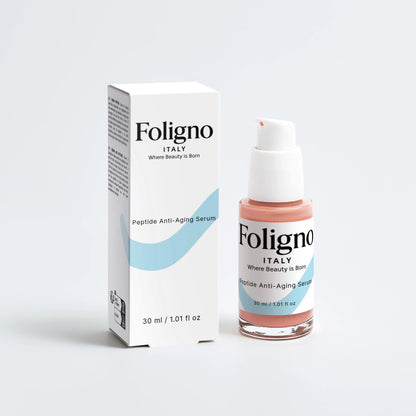 Foligno anti-aging serum bottle and packaging on a white background
