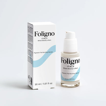 Foligno Italy pigment perfecting serum bottle and packaging on a white background