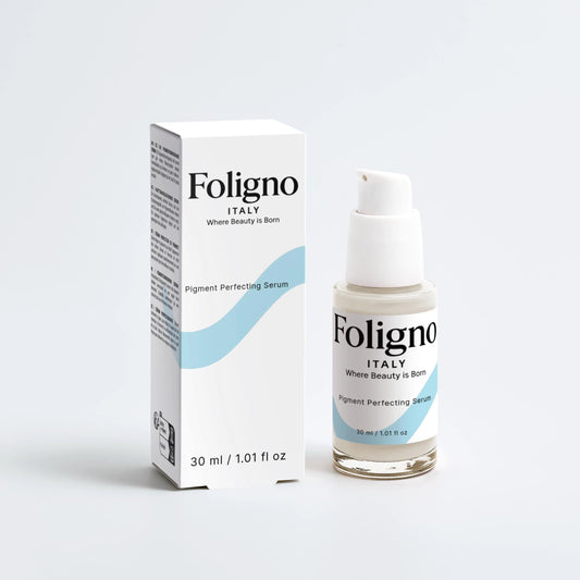 Foligno Italy pigment perfecting serum bottle and packaging on a white background