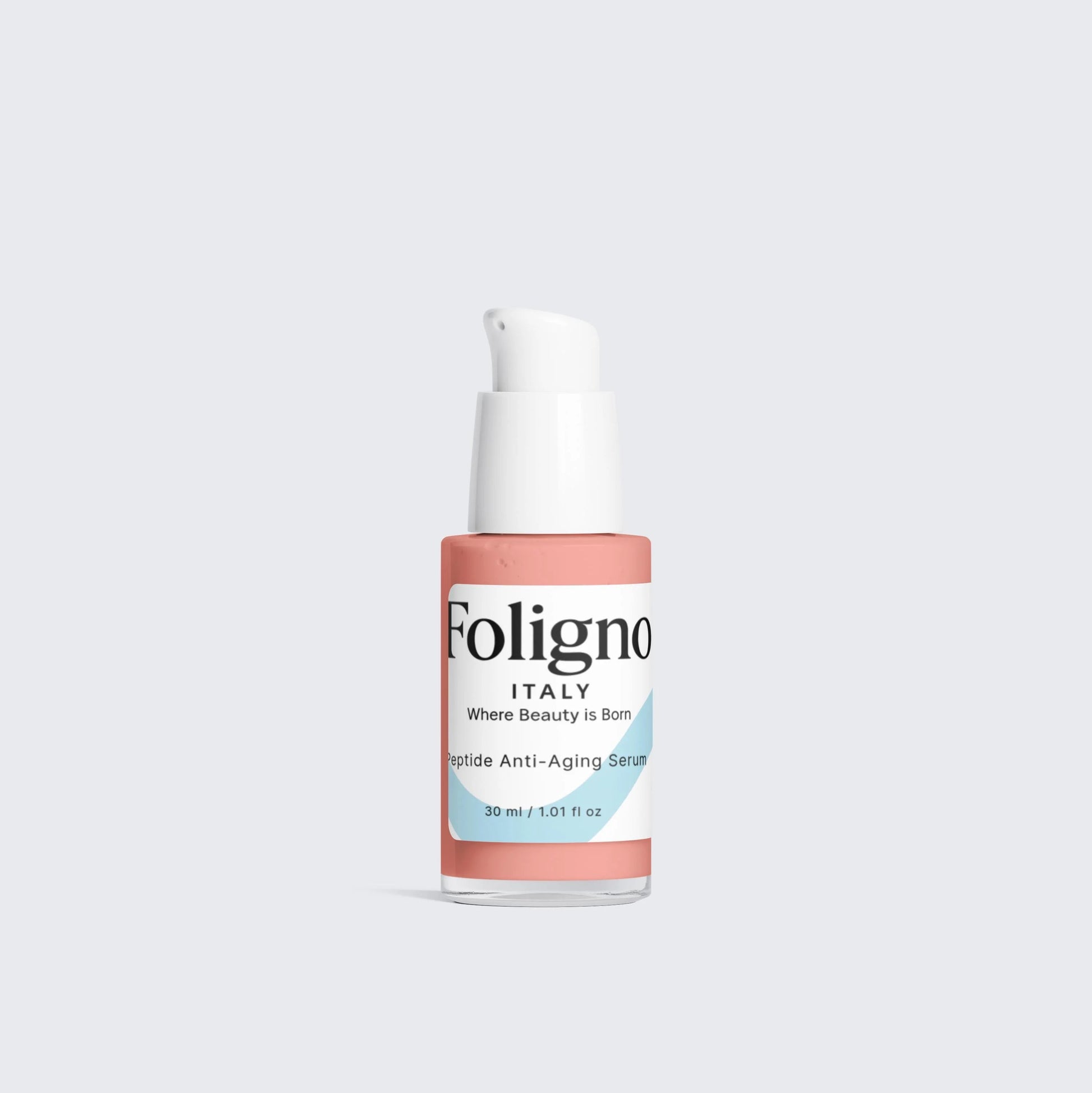Foligno Italy skincare bottle on a light gray background