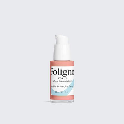 Foligno Italy skincare bottle on a light gray background