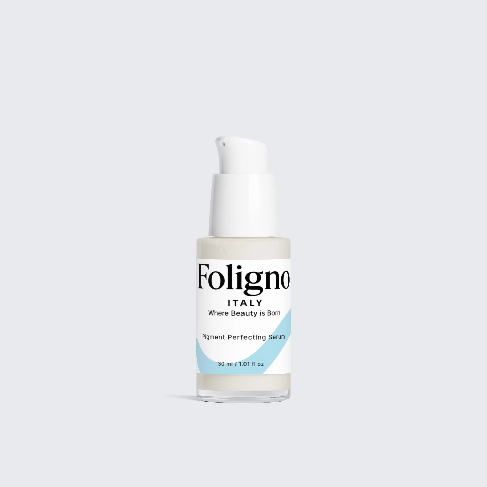 Foligno Italy skincare bottle on a light gray background