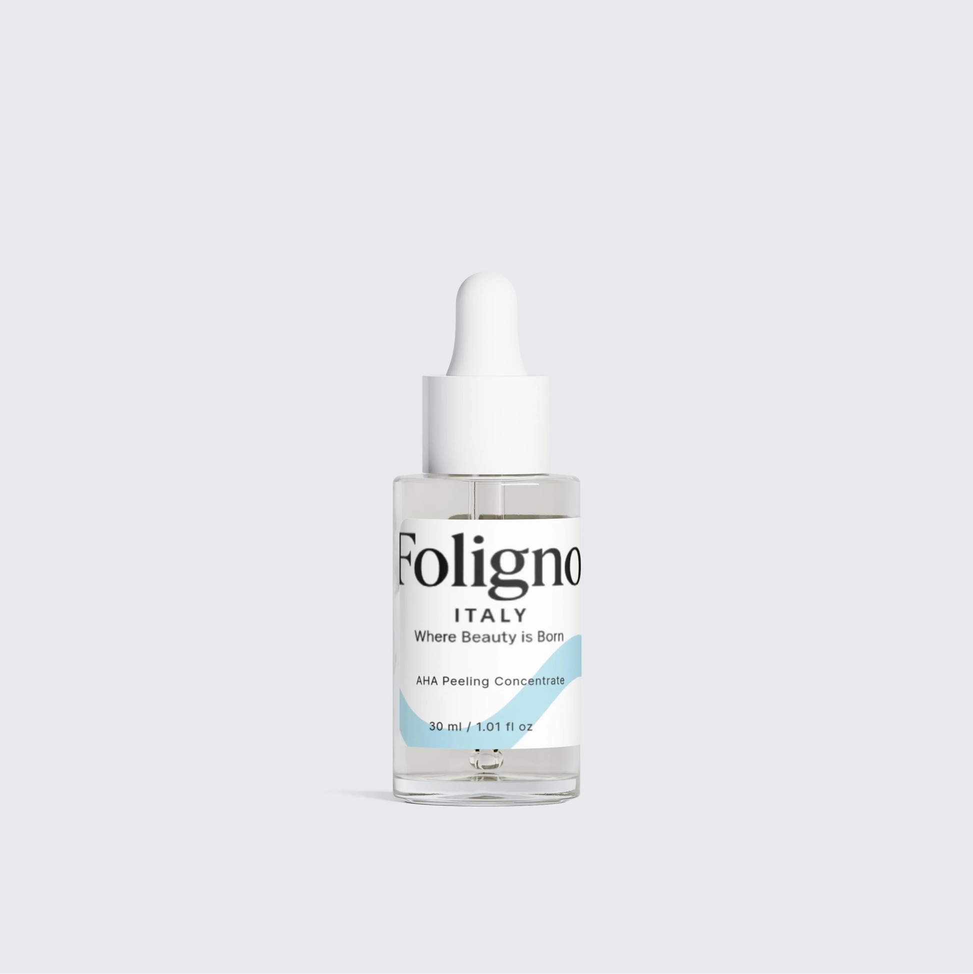Foligno Italy skincare bottle on a light gray background