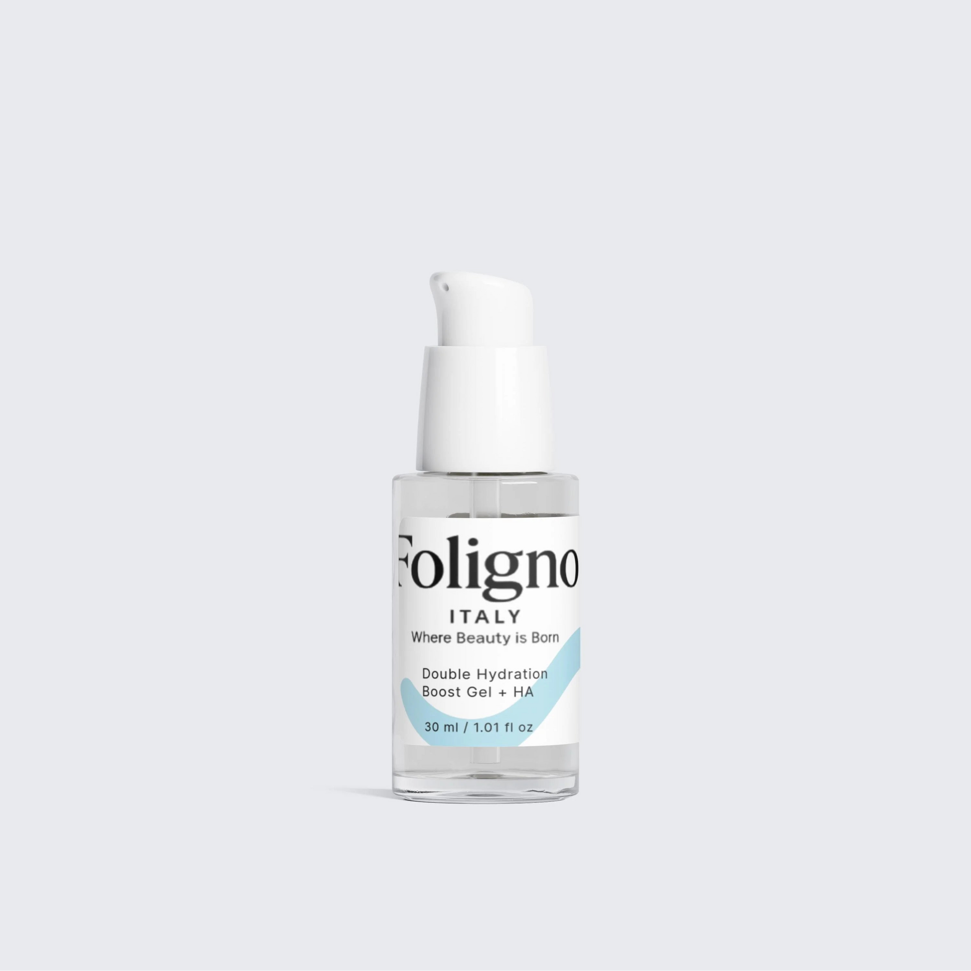 Skincare bottle with 'Foligno' label on a light gray background