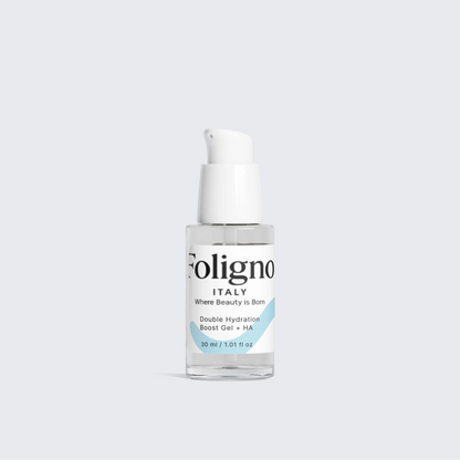 Skincare bottle with 'Foligno' label on a light gray background