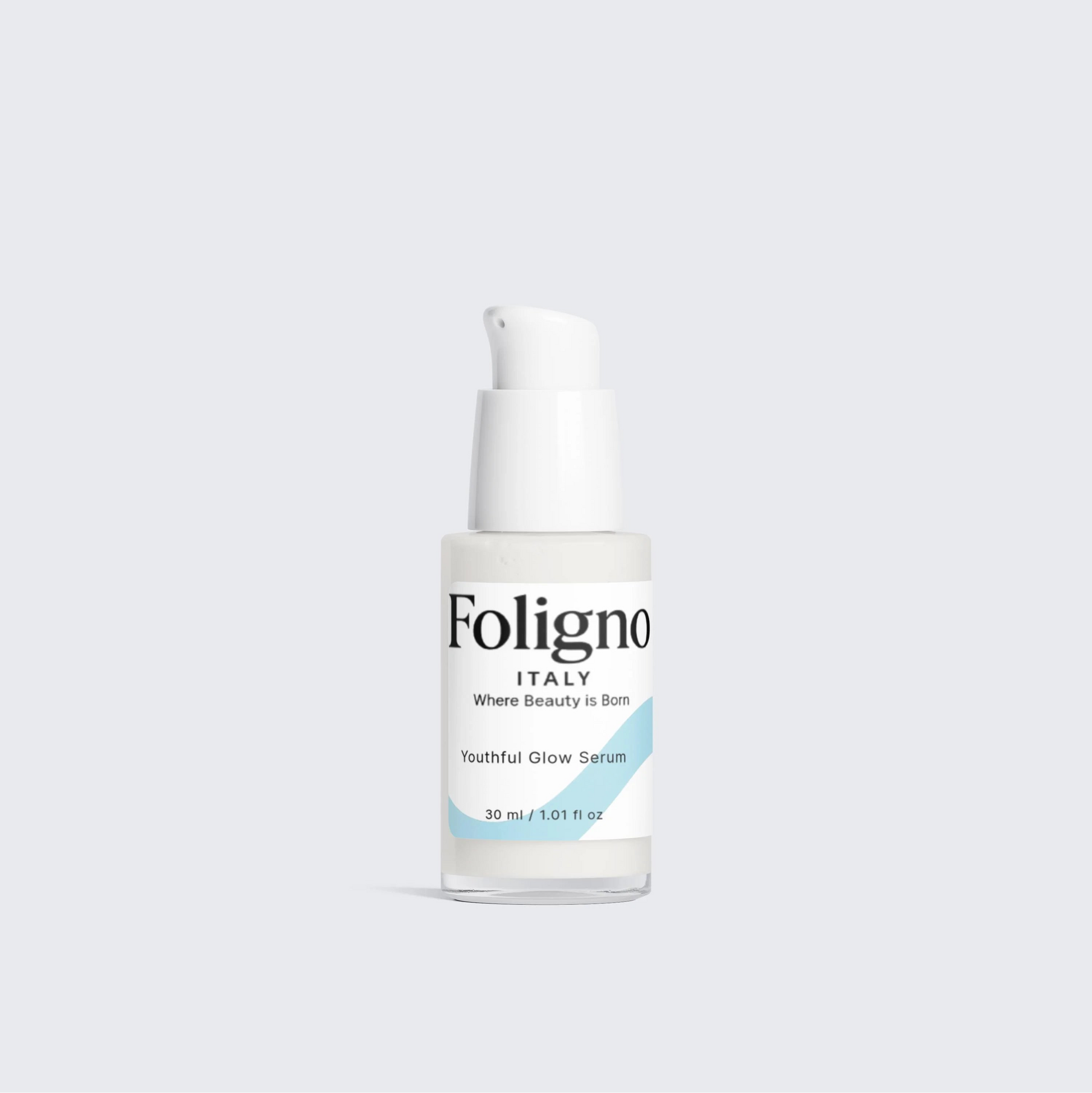 Foligno Italy skincare serum bottle on a light gray background