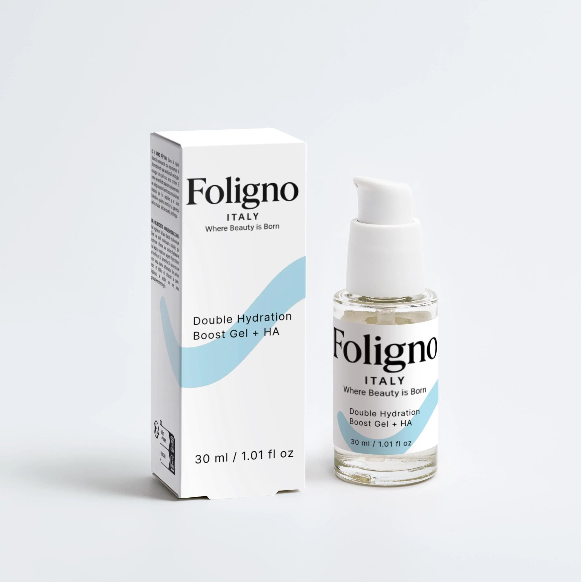 Foligno skincare product and packaging on a white background