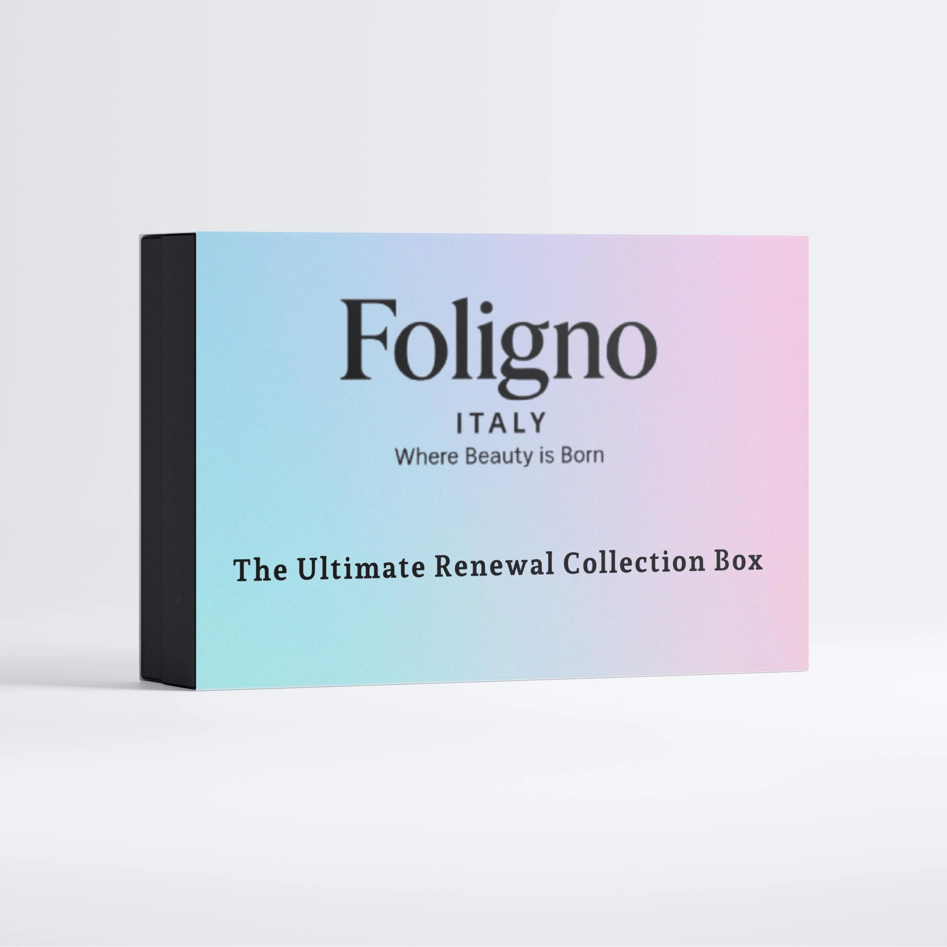 Foligno Renewal Box with 3 skincare products: serum, hydration gel, peeling concentrate