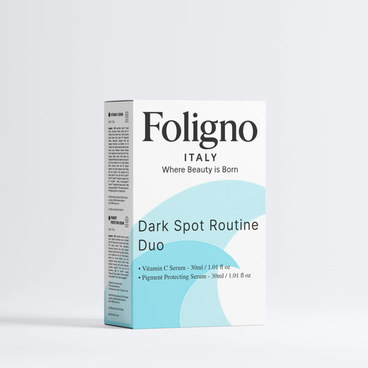 Foligno Italy Dark Spot Routine Duo packaging on a light gray background