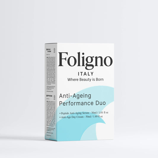 Foligno Italy anti-aging performance duo packaging on a white background