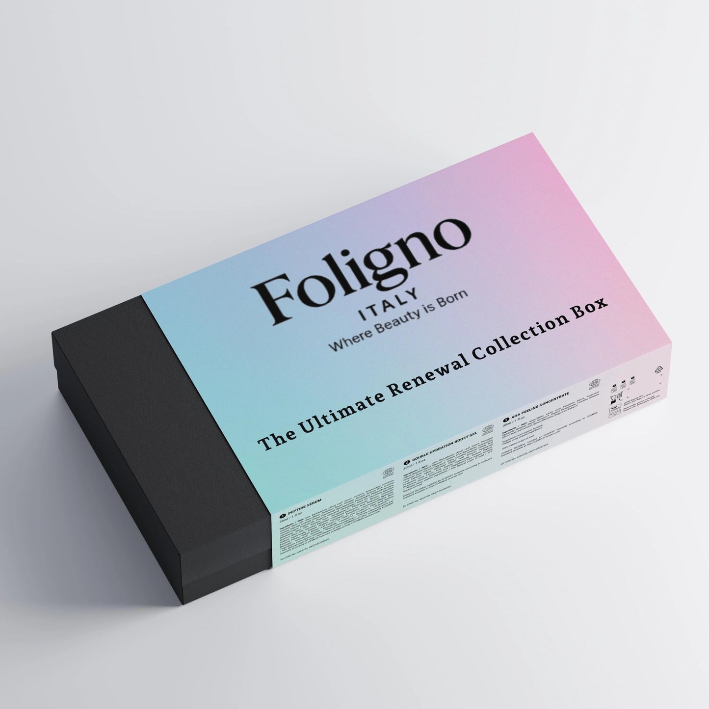 Foligno Renewal Box with 3 skincare products: serum, hydration gel, peeling concentrate