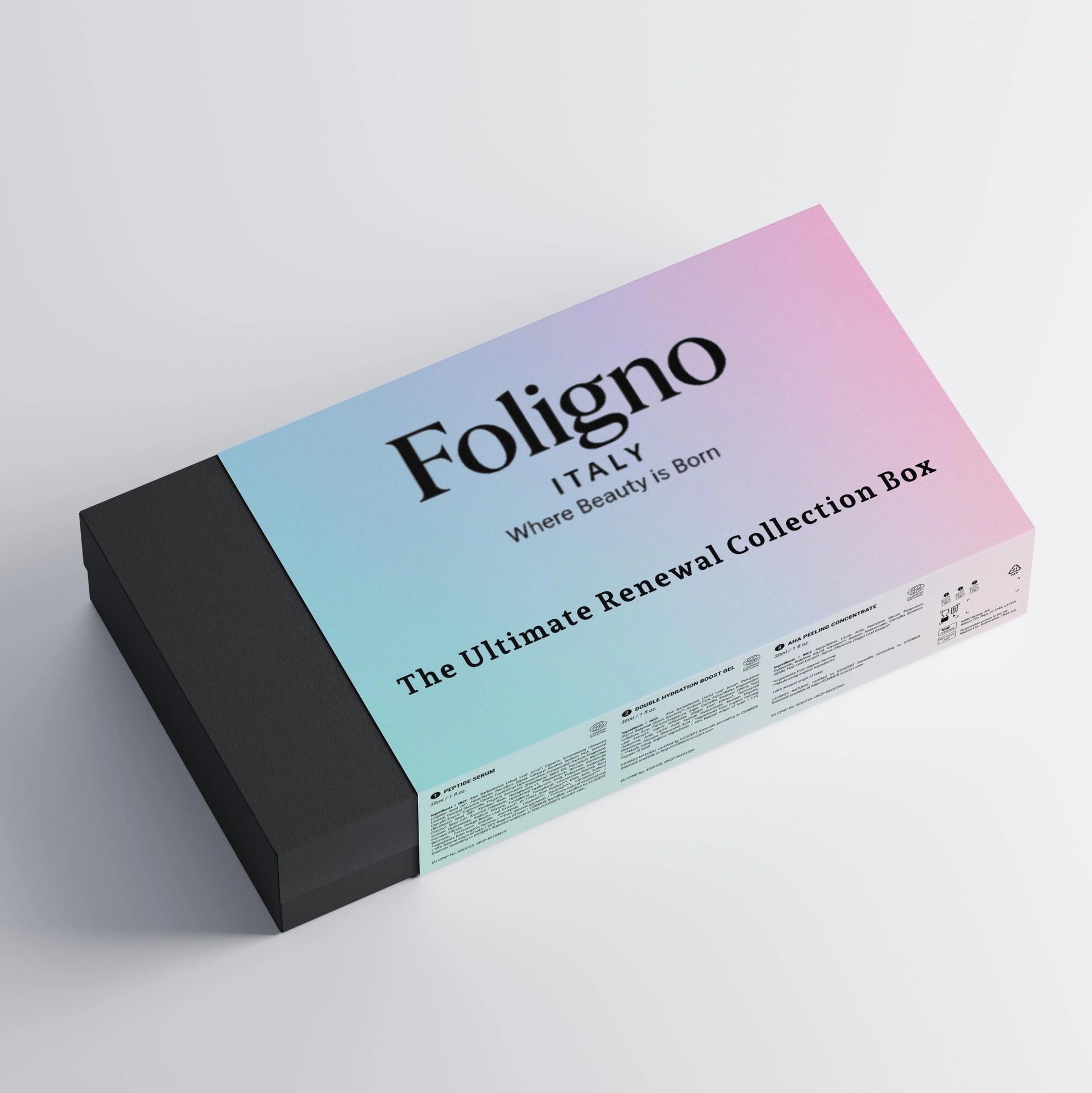 Foligno Renewal Box with 3 skincare products: serum, hydration gel, peeling concentrate