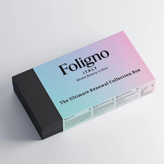 Foligno Renewal Box with 3 skincare products: serum, hydration gel, peeling concentrate