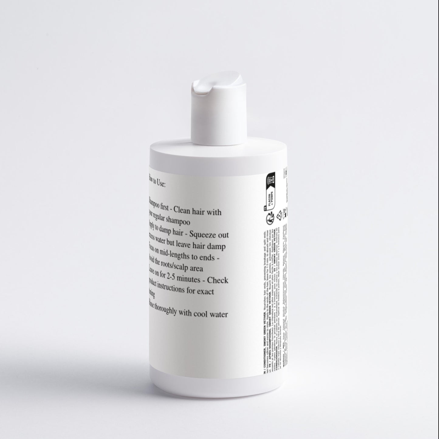 White bottle with text on a light gray background